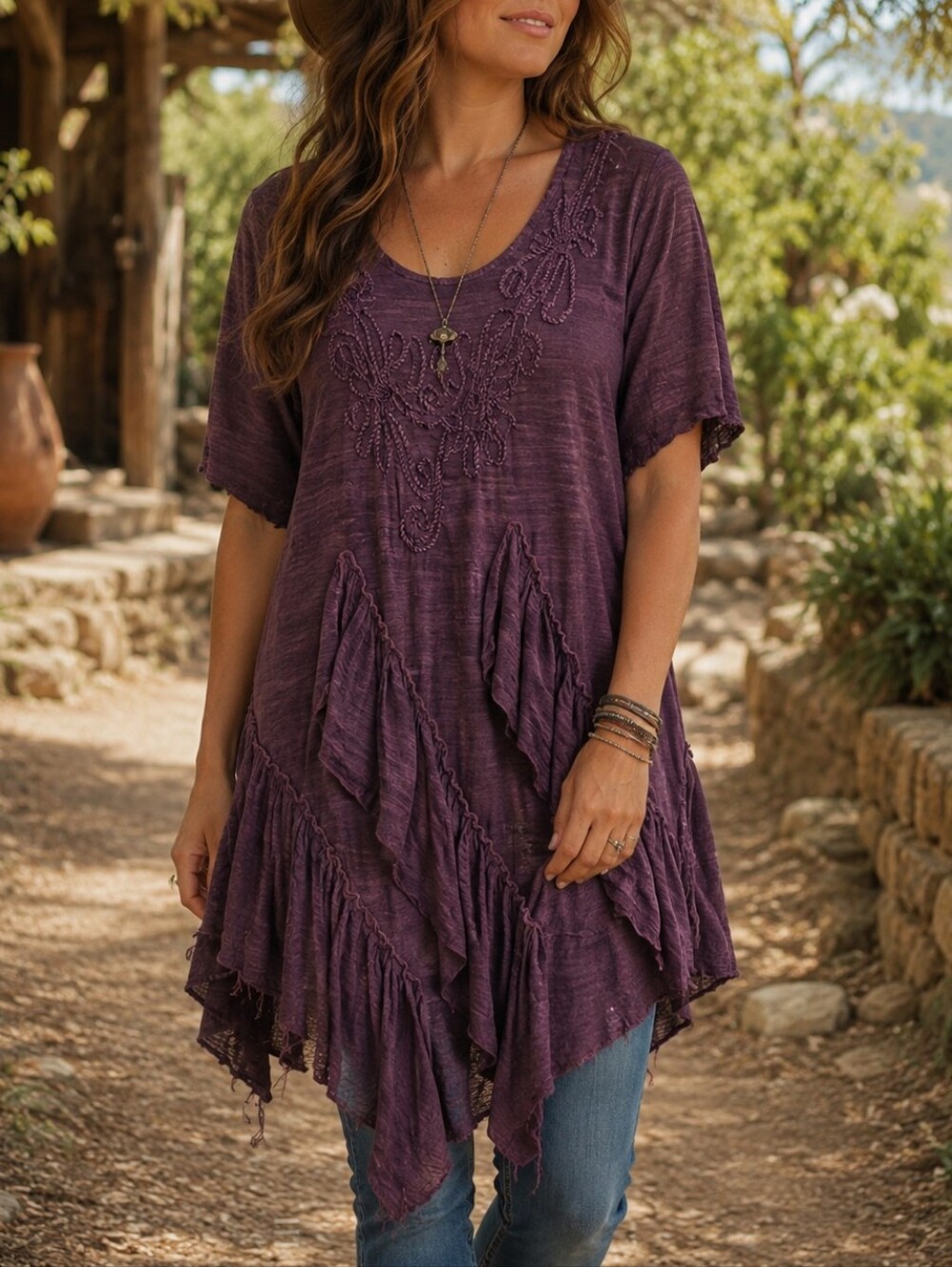 Papa Vancouver Plum Boho Beaded Ruffle Asymmetrical Tunic Festival Artsy